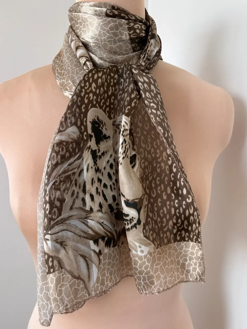 Silky Brown Tones Neck Scarf Patchwork Floral Leopard Giraffe Animal Print
